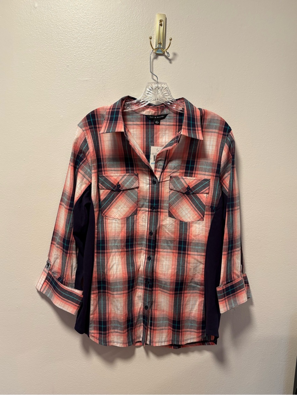 NWT Zac & Rachel button down long sleeve top business casual mixed fabric print